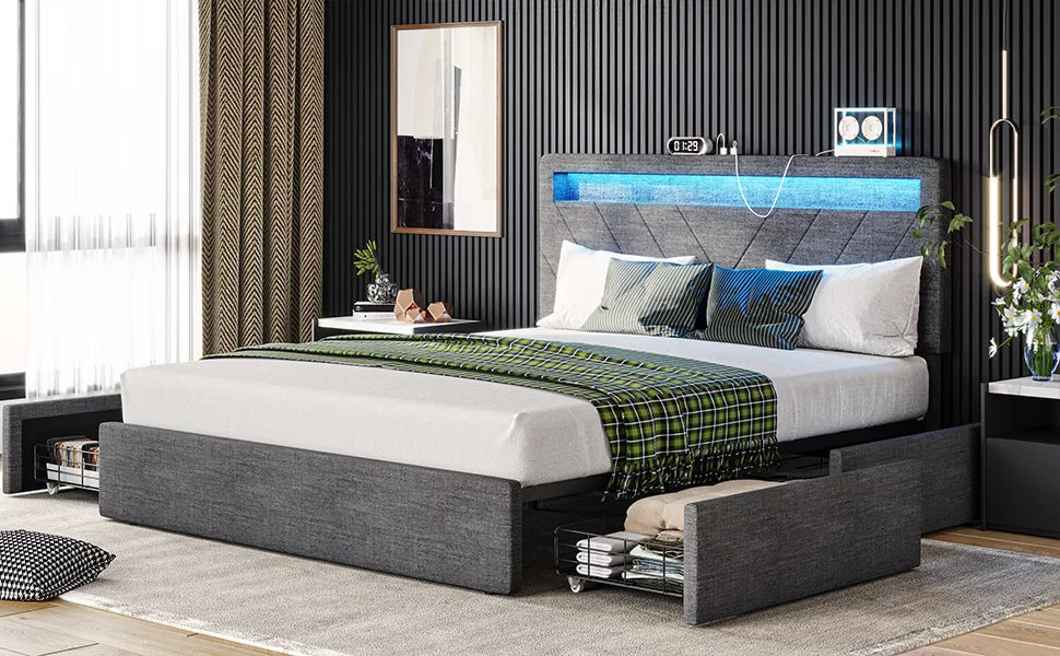 Queen Upholstered Platform Bed Frame with 4 Storage Drawers and LED Headboard X642