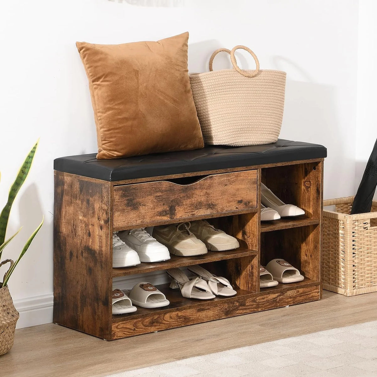 Rustic Brown Shoe Bench with Drawer and Cushion S546