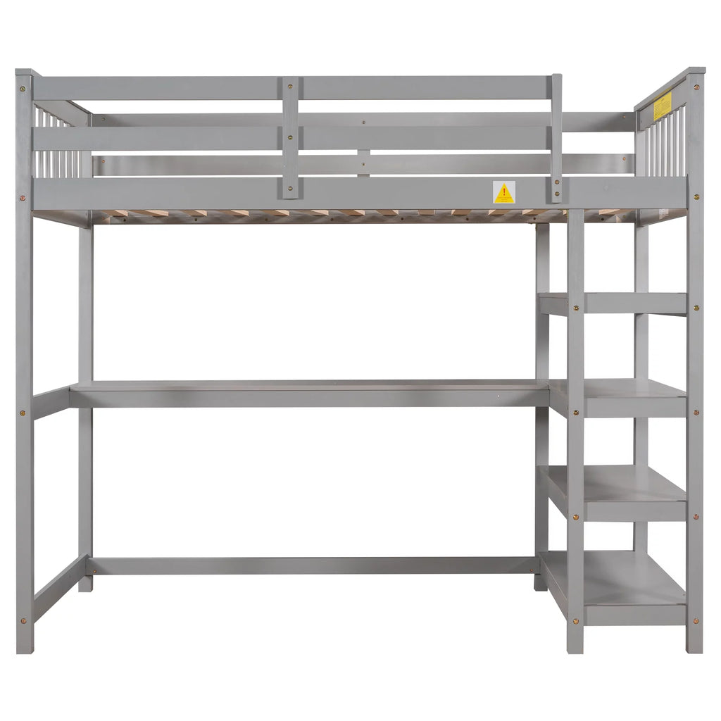 Twin Size Loft Bed with Built-in Desk and Shelves A44105