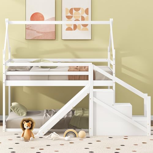Twin Over Twin Wood House Bunk Bed with Slide and Storage Staircase O602