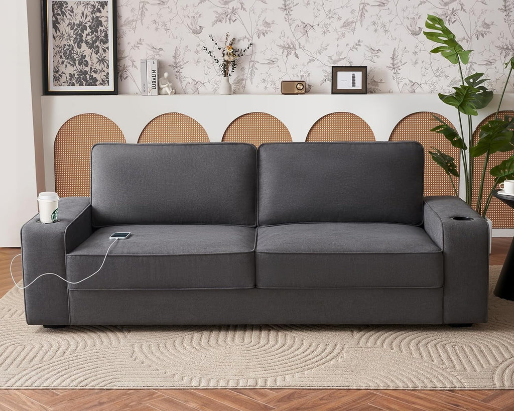 Grey Chenille Sofa with USB Charging Ports & Cup Holders X1791