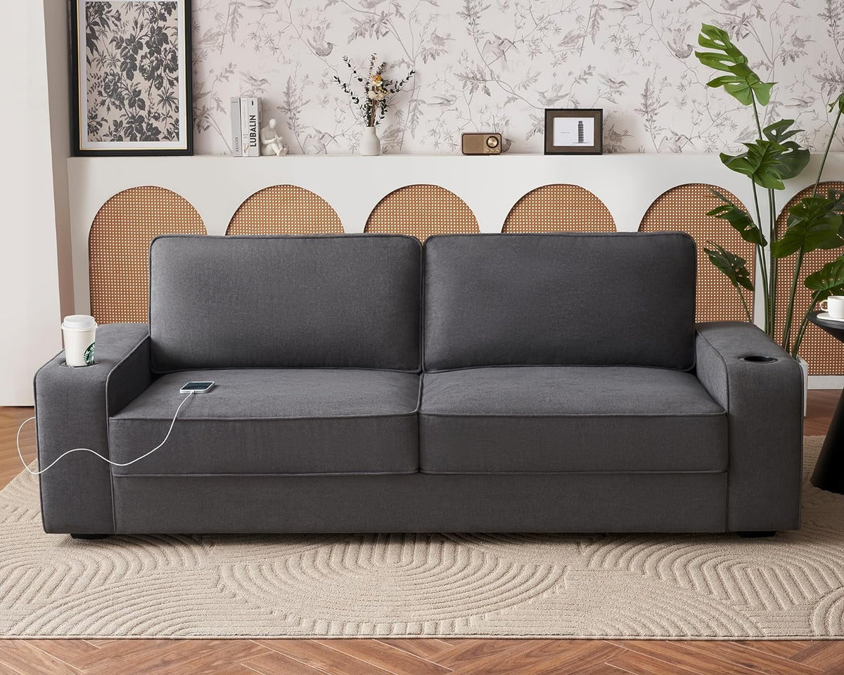 Grey Chenille Sofa with USB Charging Ports & Cup Holders X1791
