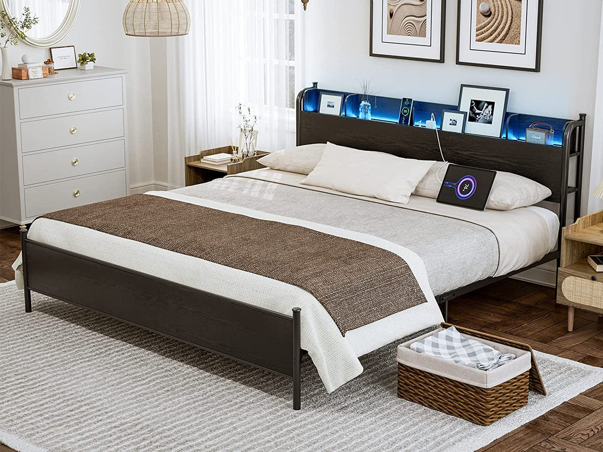 California King Metal and Wood Platform Bed Frame with Storage Shelf Headboard R8185