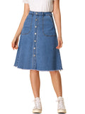 Denim Raw Hem Button Down A-Line Midi Skirt U7002