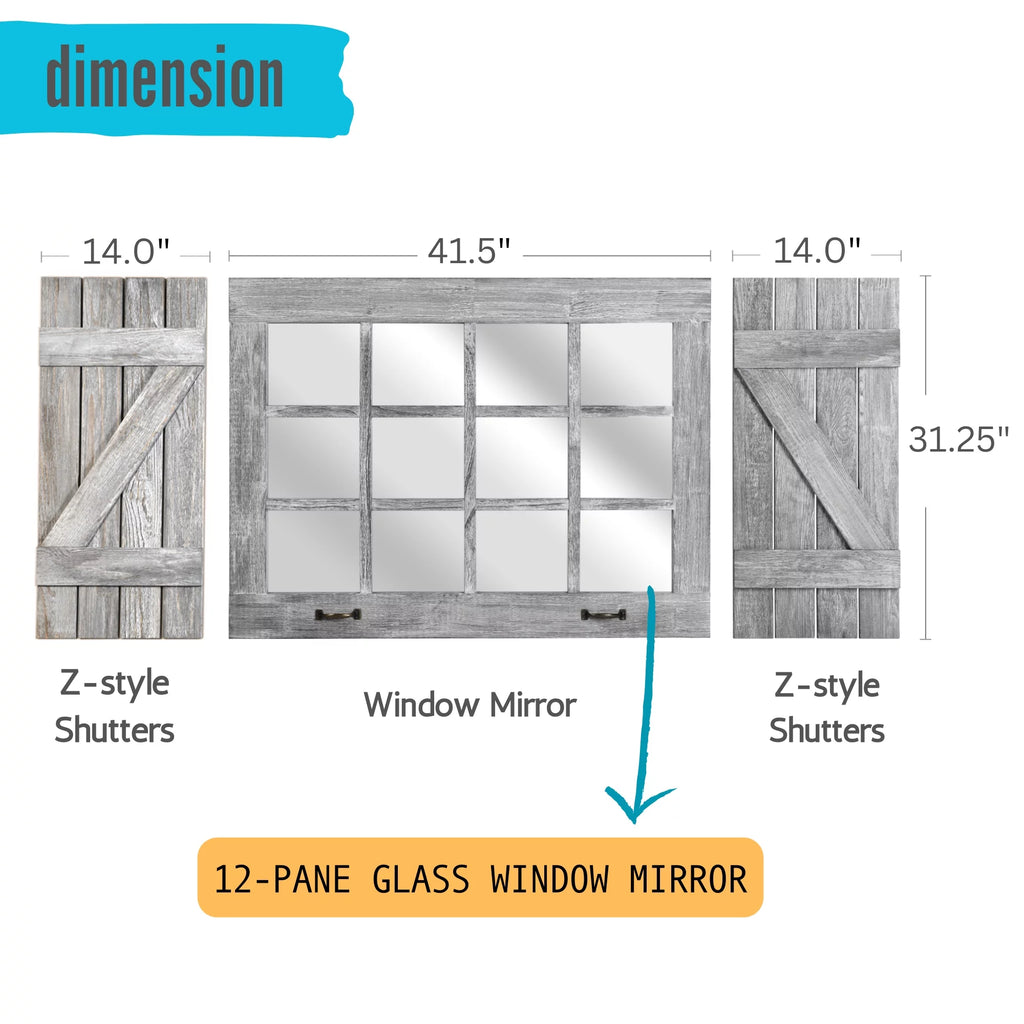 Large Distressed Wood Windowpane Mirror with Shutters E340028