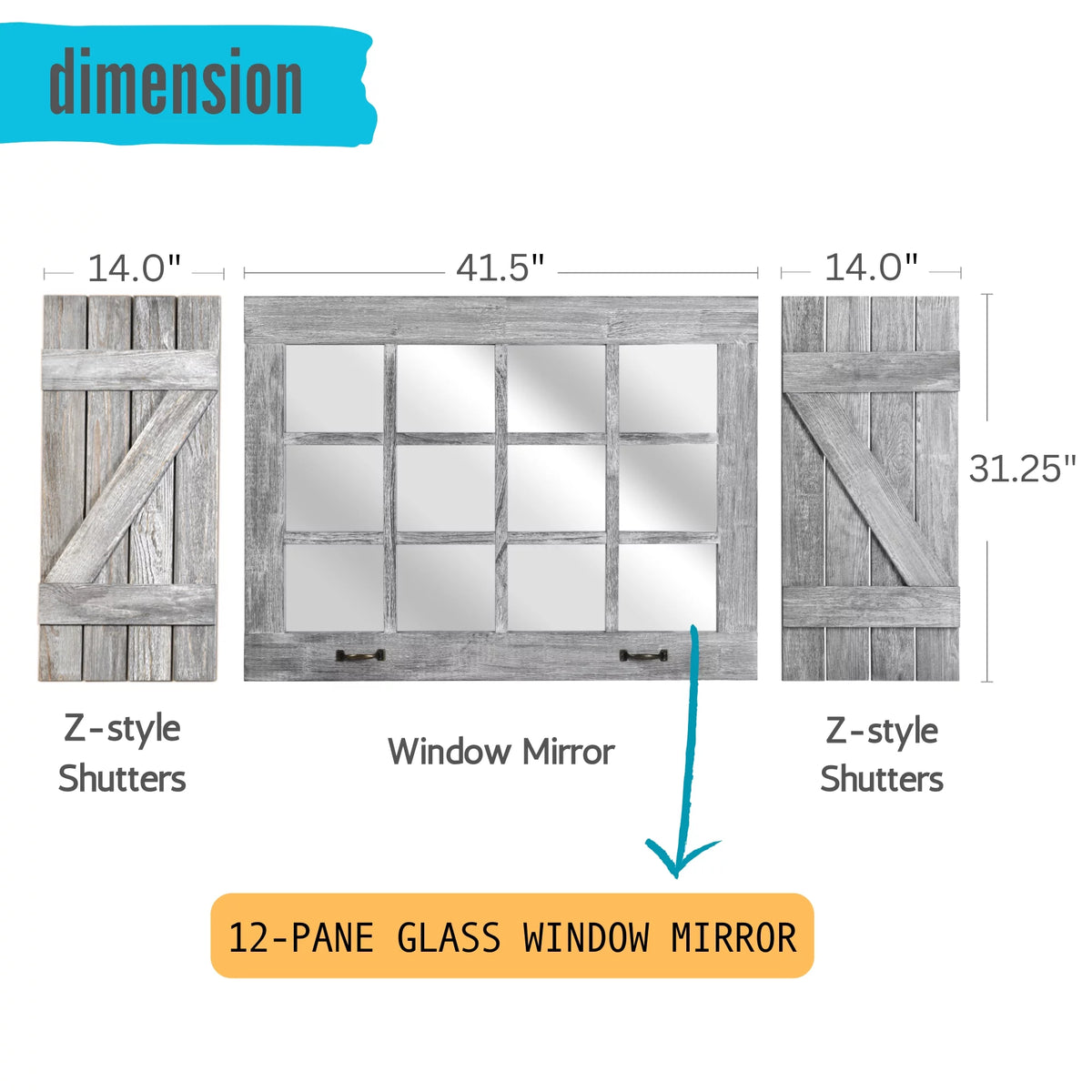 Large Distressed Wood Windowpane Mirror with Shutters E340028