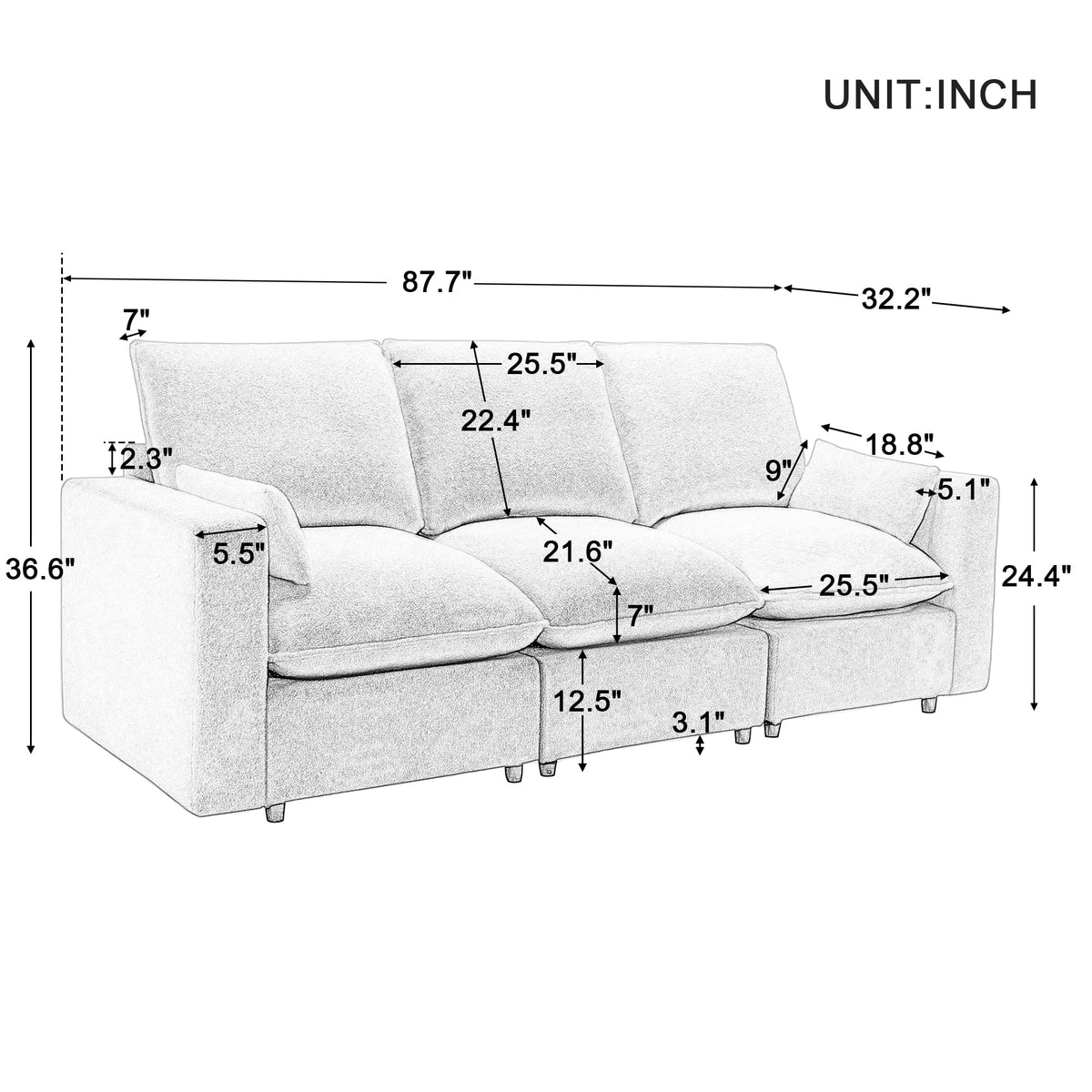 3 Seater White Teddy Fabric Sofa with Pillows A68304