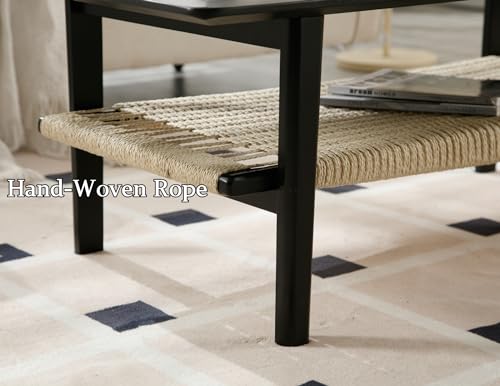 Farmhouse 2-Tier Coffee Table with Rattan Storage Shelf E637946