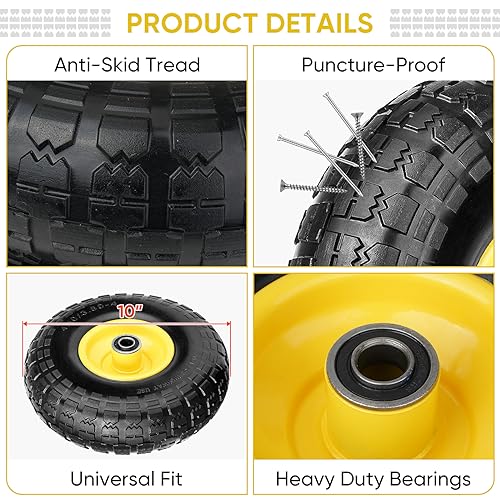 10" Solid Tires, 2 Pack Flat Free Wheels with 5/8" Axle Bore Hole Q279