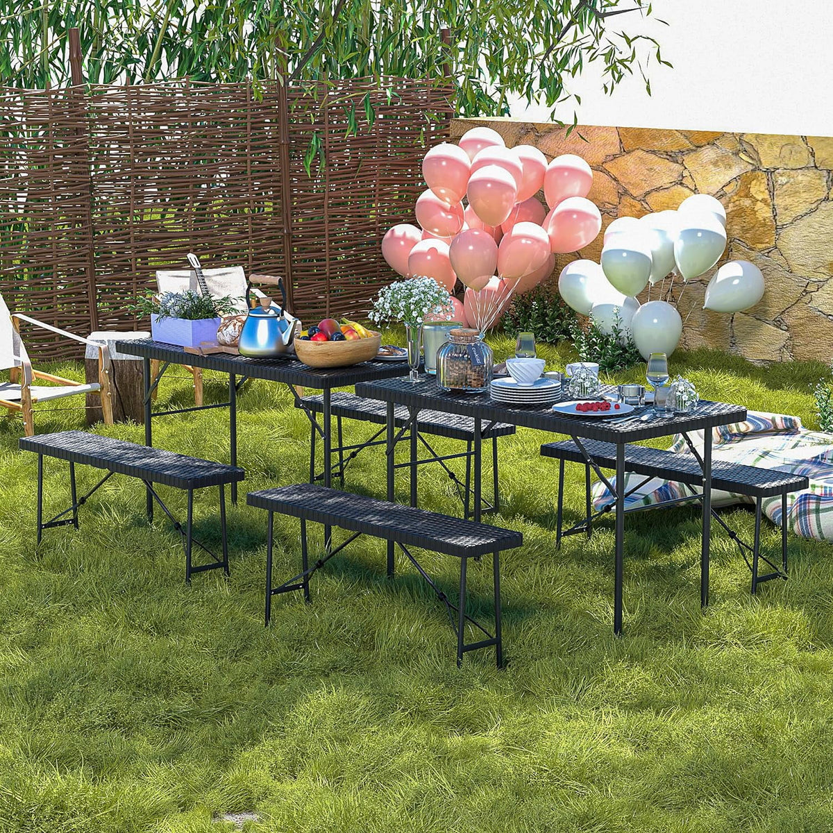 Black 3 Piece Folding Picnic Table with Benches U8624