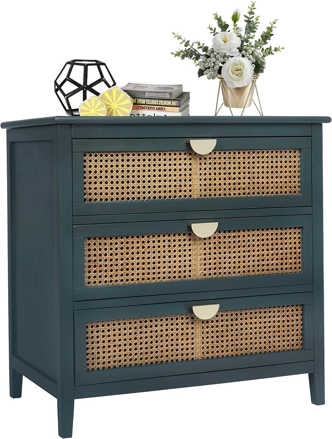 3 Drawer Rattan Dresser with Golden Metal Handles K614