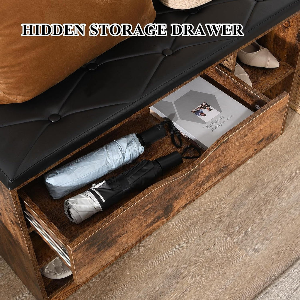 Rustic Brown Shoe Bench with Drawer and Cushion S546