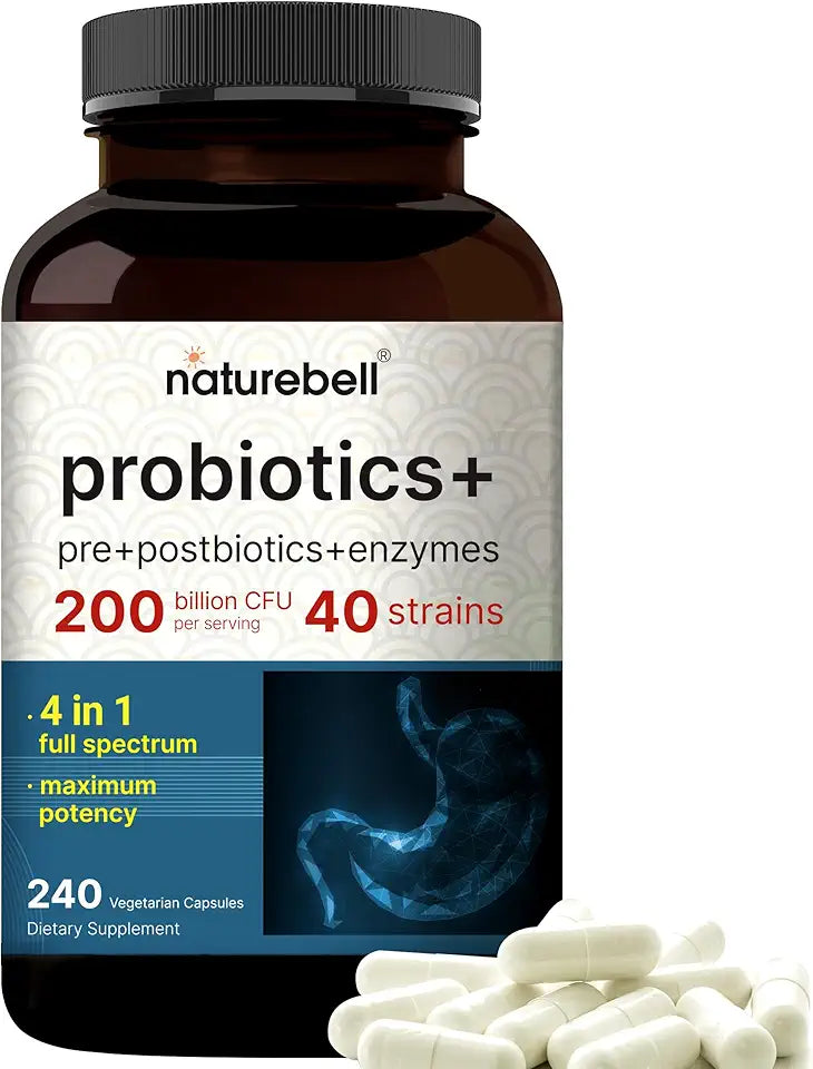 200 Billion CFU 240 Veggie Capsules Probiotics with Digestive Enzymes Prebiotics Postbiotics 40 Strains H61030