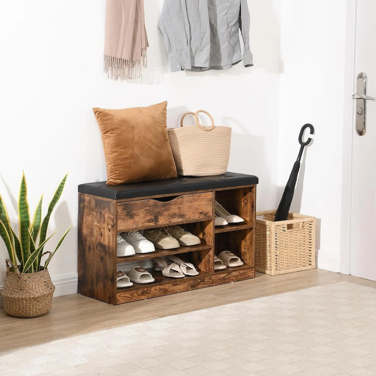 Rustic Brown Shoe Bench with Drawer and Cushion S546