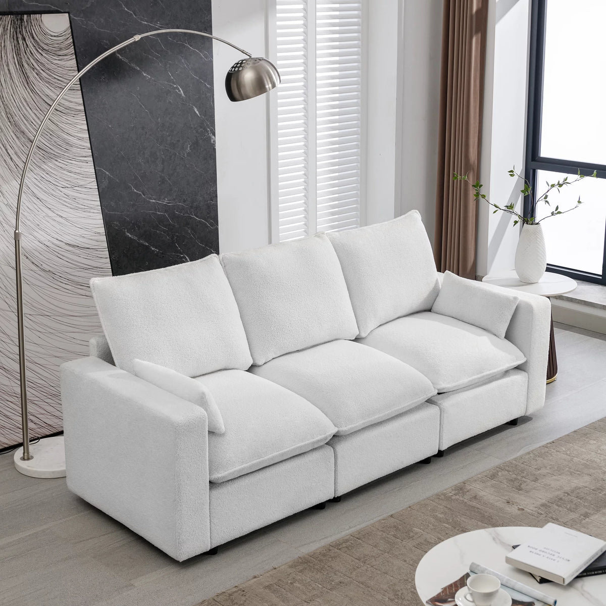 3 Seater White Teddy Fabric Sofa with Pillows A68304