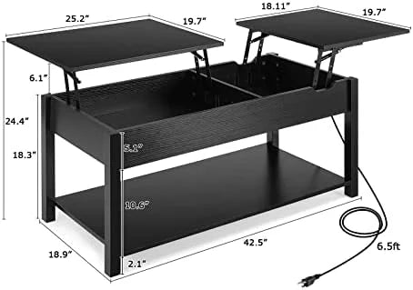 42.5" Lift Top Coffee Table with Hidden Compartment and USB Ports D8366