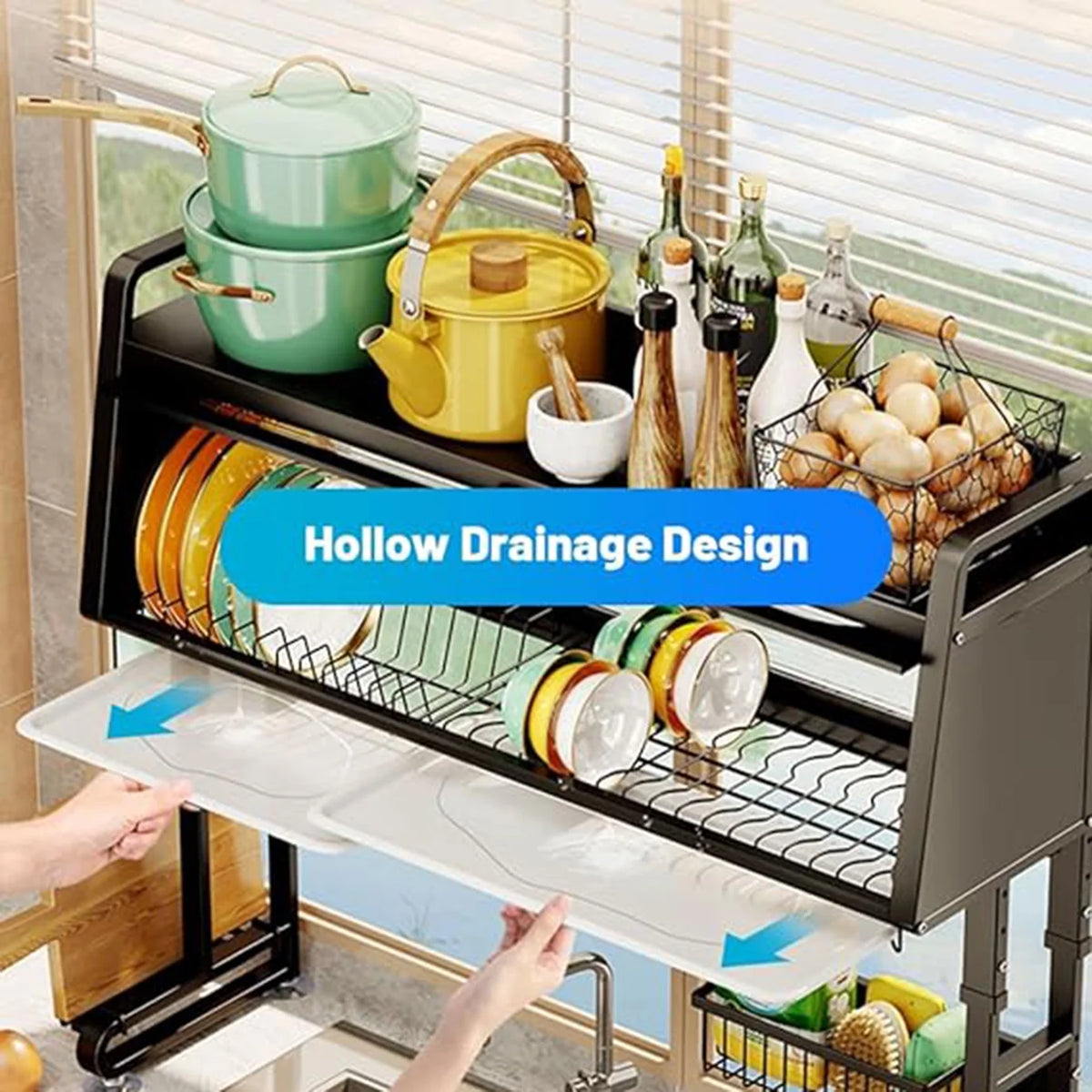 Adjustable 3 Tier Black Dish Drying Rack with Utensil Holder Y959