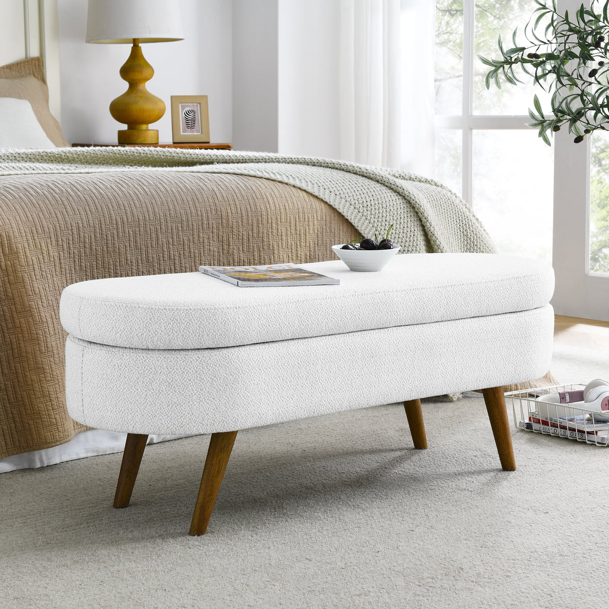 White Oval Storage Bench with Rubber Wood Legs B6694