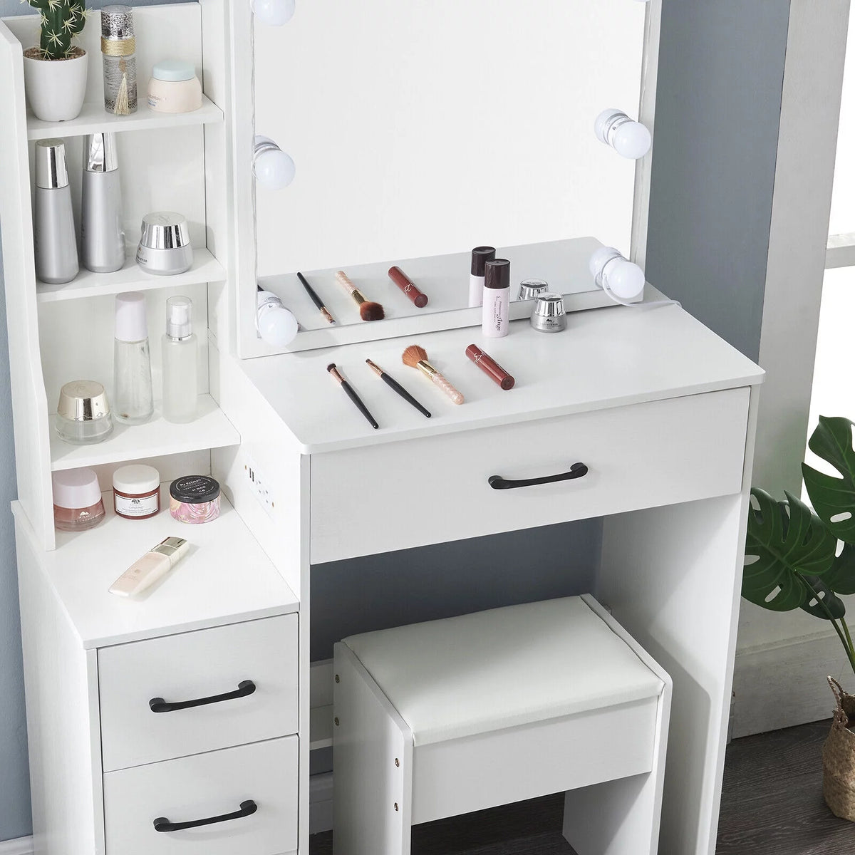 4 Drawer Makeup Vanity Desk with Stool Mirror and Light L39330