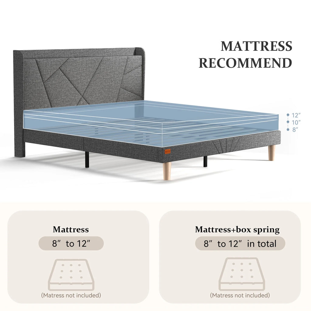 Queen Upholstered Platform Bed Frame with Wingback Storage Headboard D621