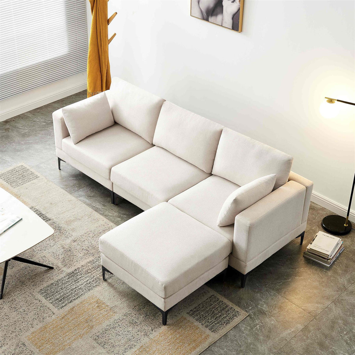 Beige 3 Seater Fabric Sectional Sofa with Ottoman I786