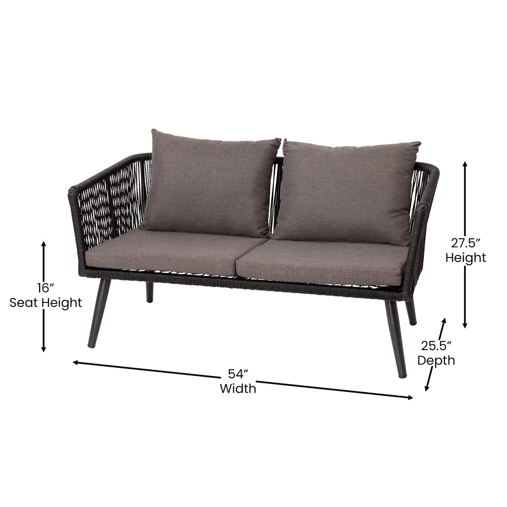 4 Piece Black Woven Aluminum Frame Loveseat, 2 Chair and Coffee Table Set With Gray Cushions H380483