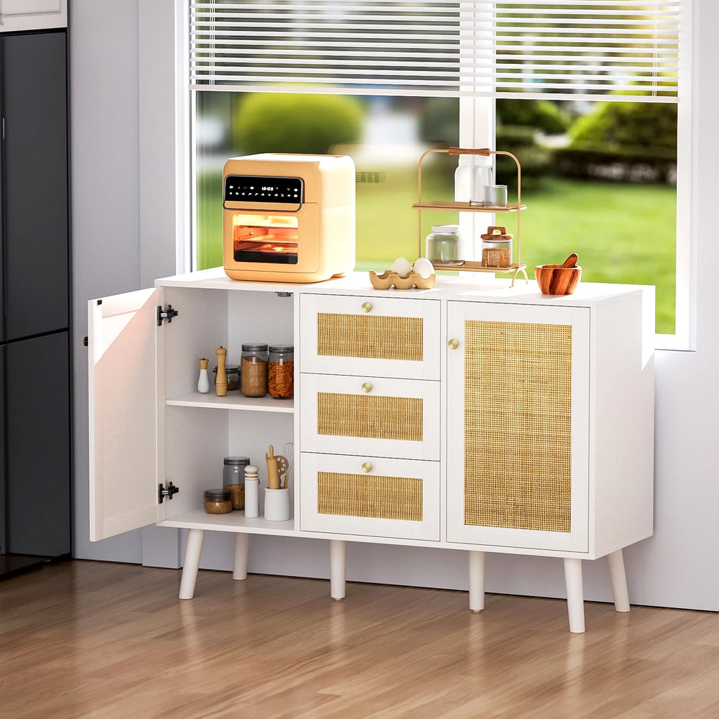 White Rattan Storage Cabinet with 2 Doors 3 Drawers F1500