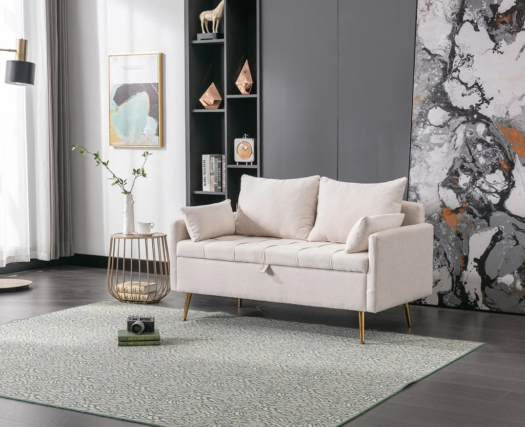 Cream Chenille 2 Seat Loveseat Sofa with Storage and Pillows L573