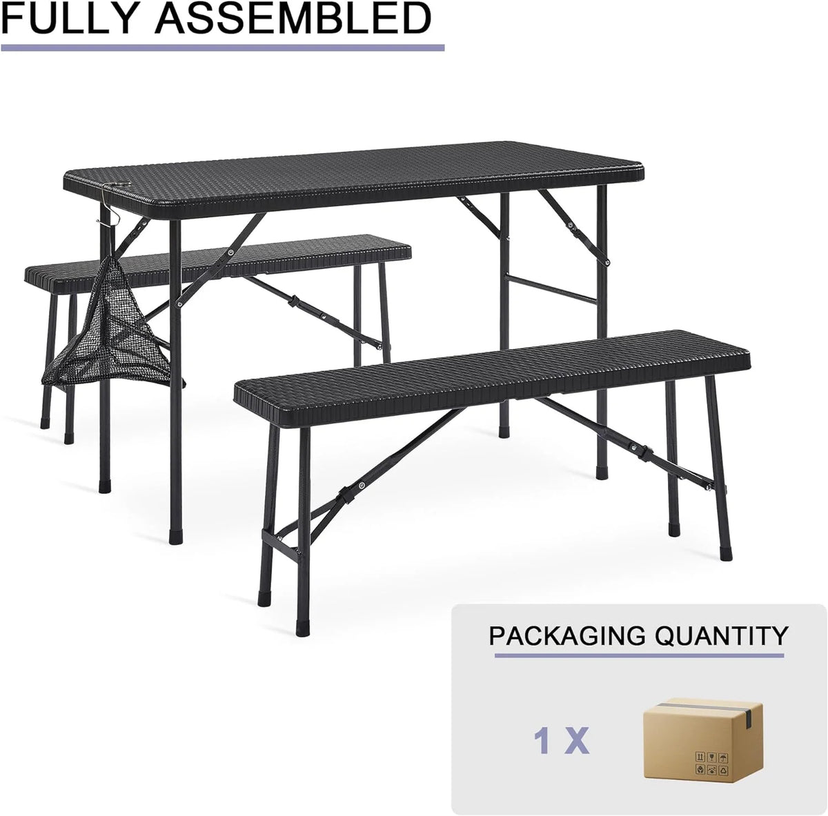 Black 3 Piece Folding Picnic Table with Benches U8624
