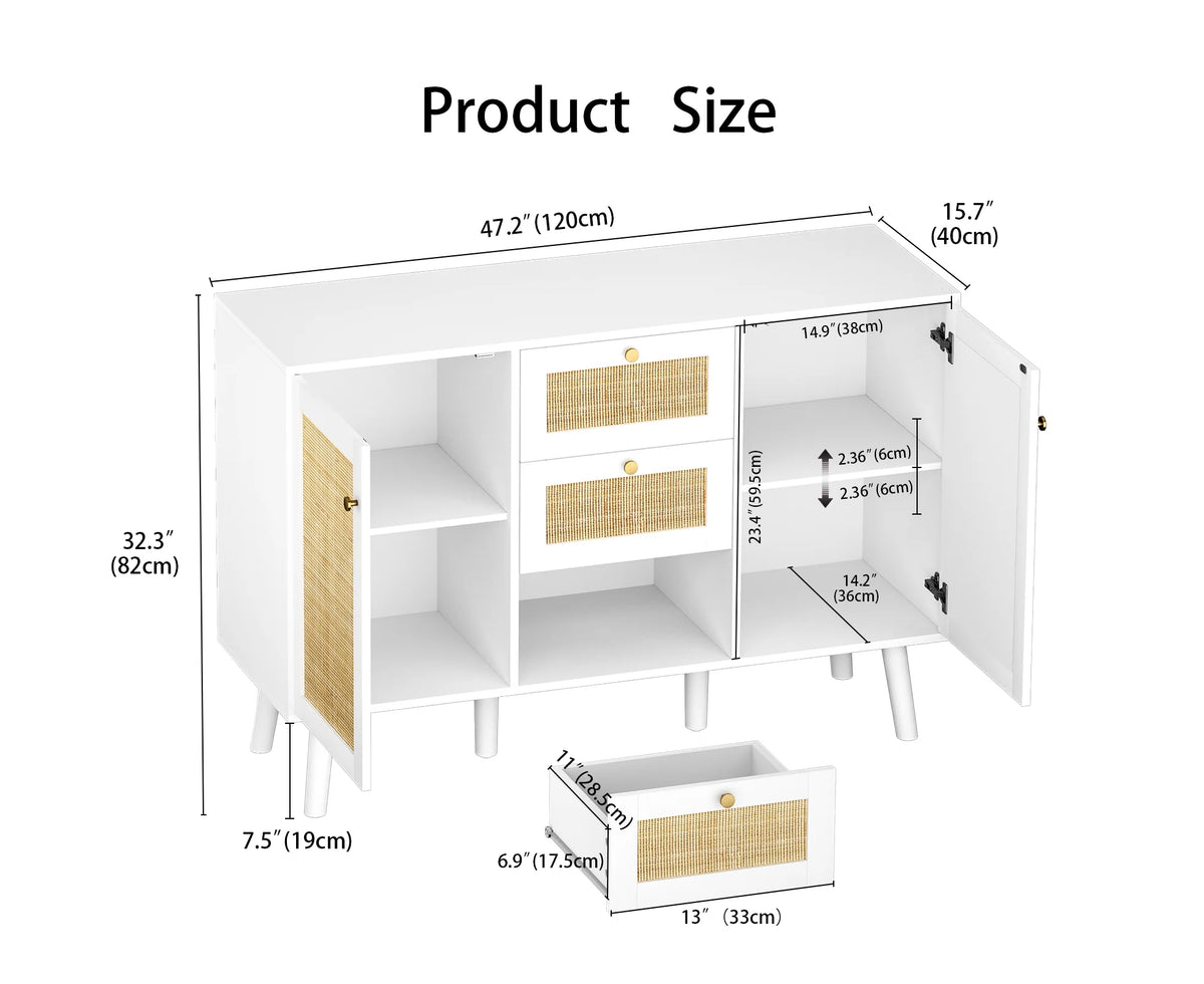 White Rattan Storage Cabinet with 2 Doors 3 Drawers F1500