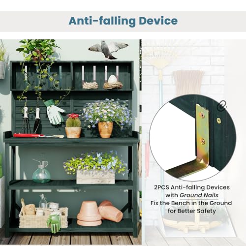 Green Wooden Potting Bench Table with Storage Shelves H14465