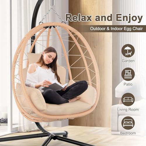 Hanging Egg Chair with Stand, UV Resistant Cushion & Pillow, 370lbs Capacity, Beige C7907