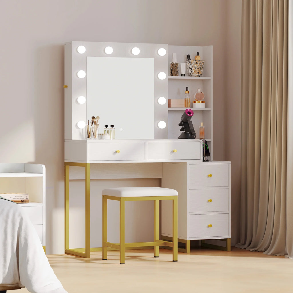 White Vanity Table Set with Lighted Mirror & Stool O47676