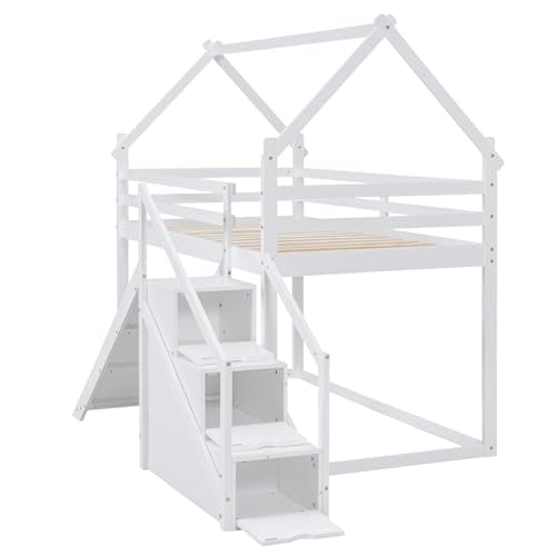 Twin Over Twin Wood House Bunk Bed with Slide and Storage Staircase O602
