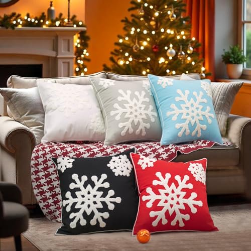 18x18 Soft Canvas Snowflake Embroidery Throw Pillow Covers with Invisible Zipper, 1 Pair, White N68235