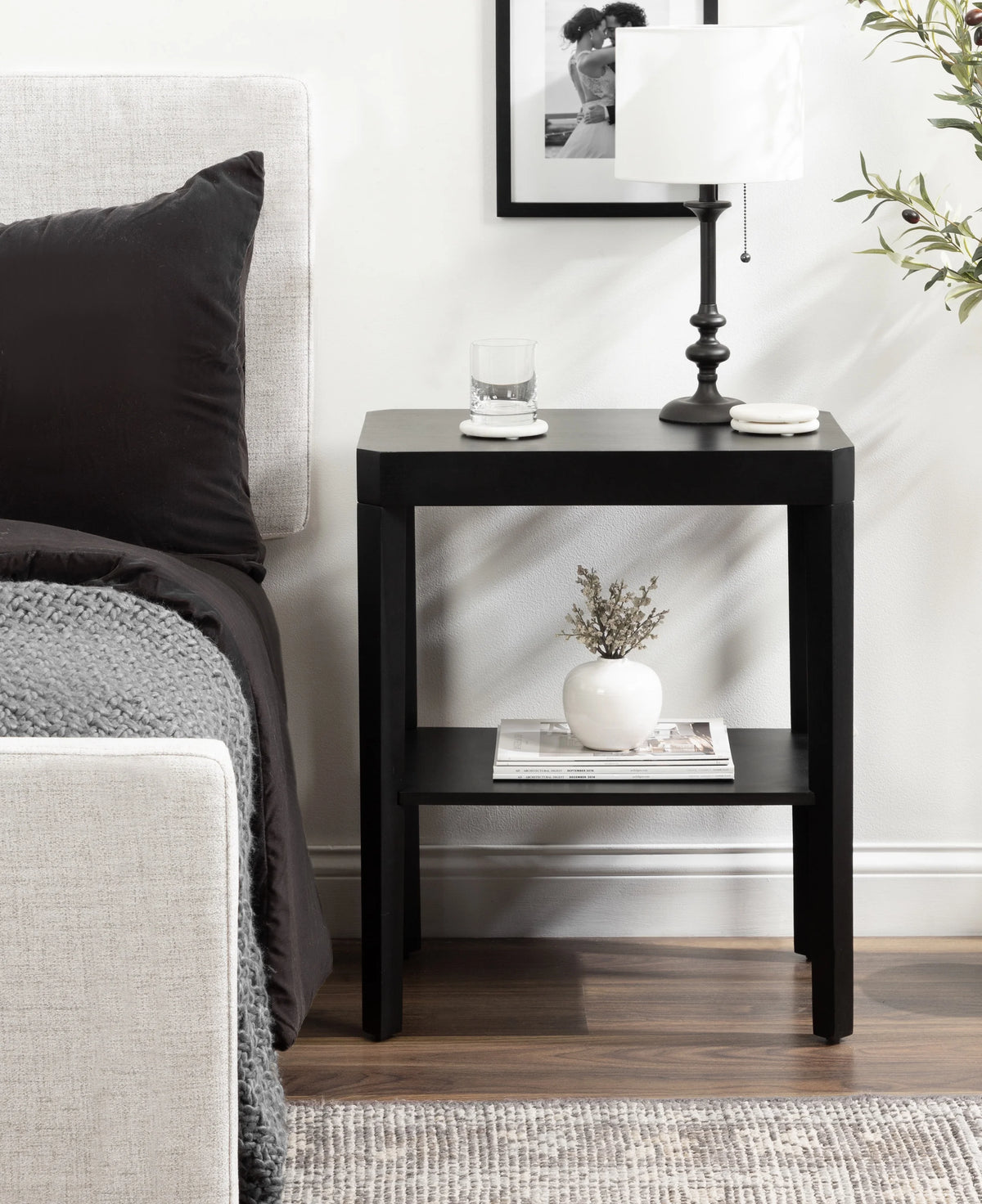 Black Two-Tier Wood Side Table F49142