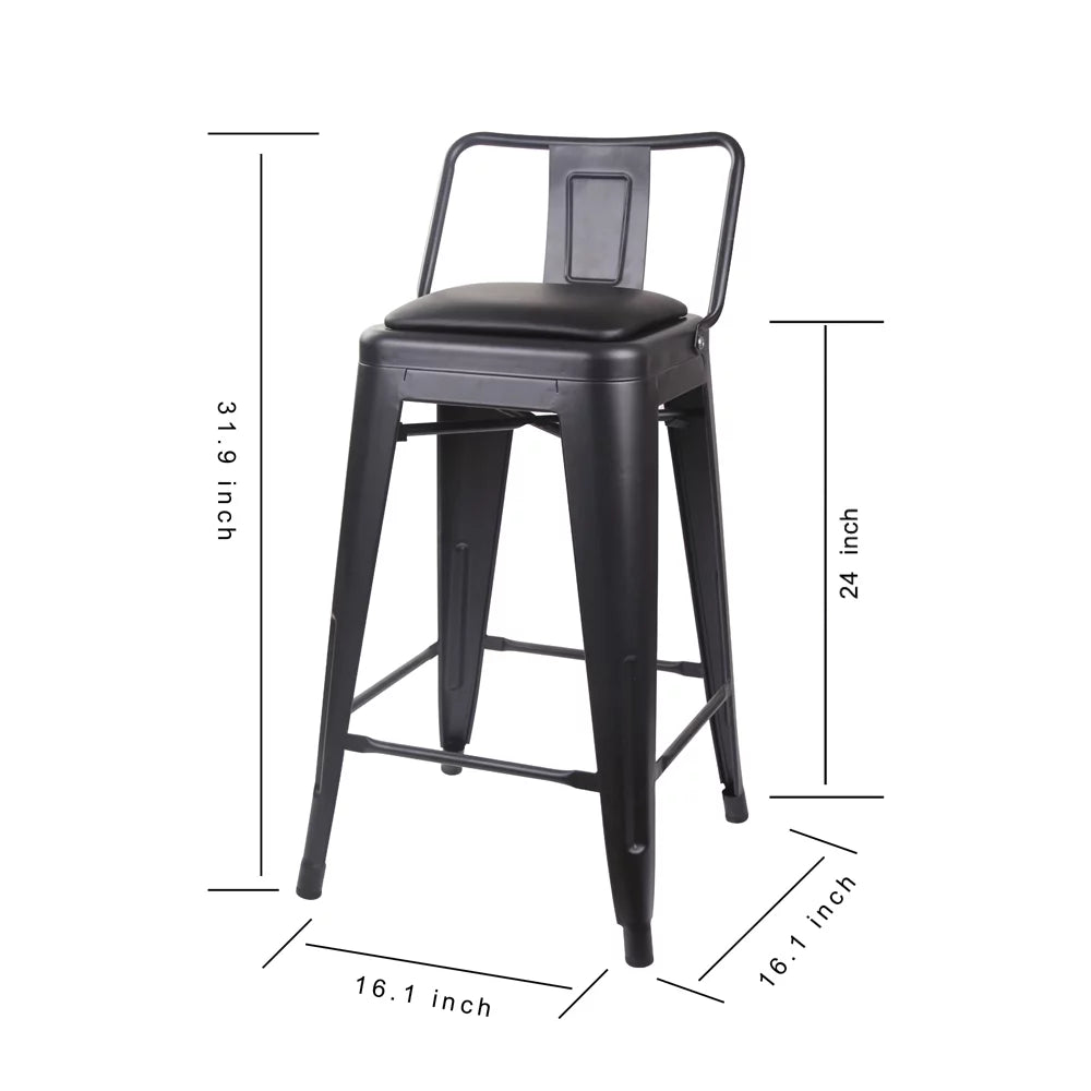 Black 24 inch Low Back Metal Barstool with Vegan Leather Seat, Set of 4 I6581