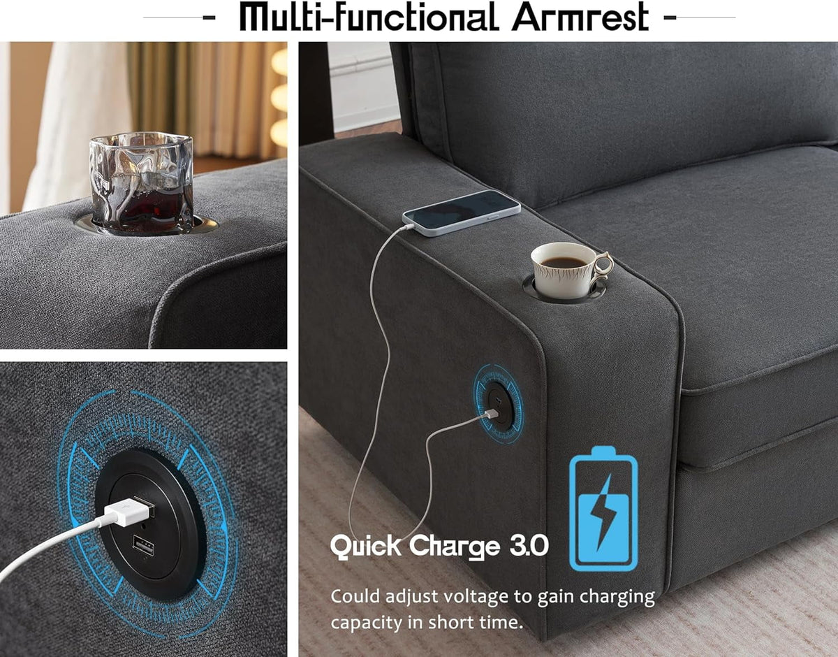 Grey Chenille Sofa with USB Charging Ports & Cup Holders X1791