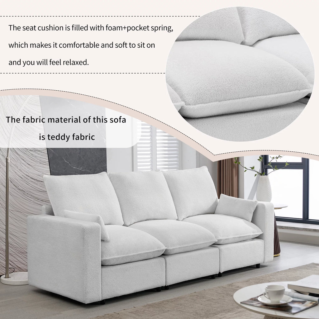 3 Seater White Teddy Fabric Sofa with Pillows A68304