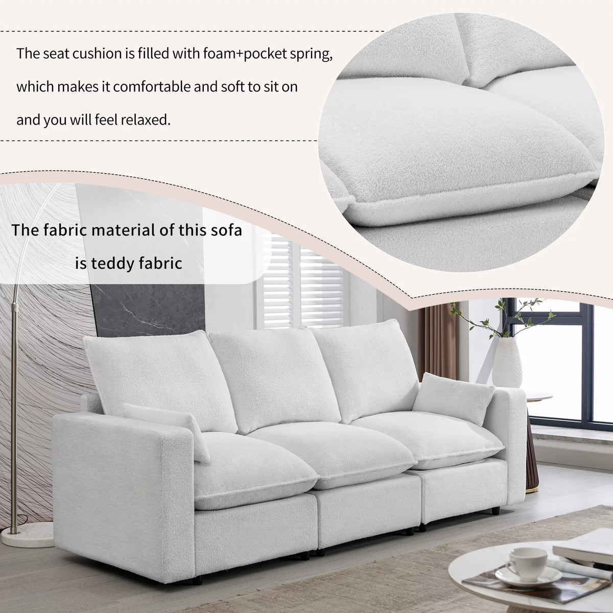 3 Seater White Teddy Fabric Sofa with Pillows A68304
