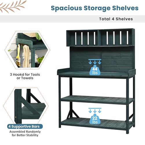 Green Wooden Potting Bench Table with Storage Shelves H14465