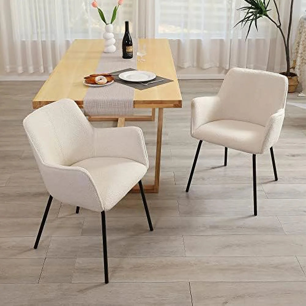 Cream Boucle Upholstered Dining Chairs Set of 2 with Arms C4457
