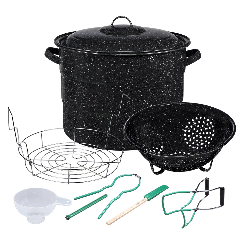 9 Piece Enameled Steel Water Bath Canning Pot Set with Toolset, Jar Rack and Colander Q9046