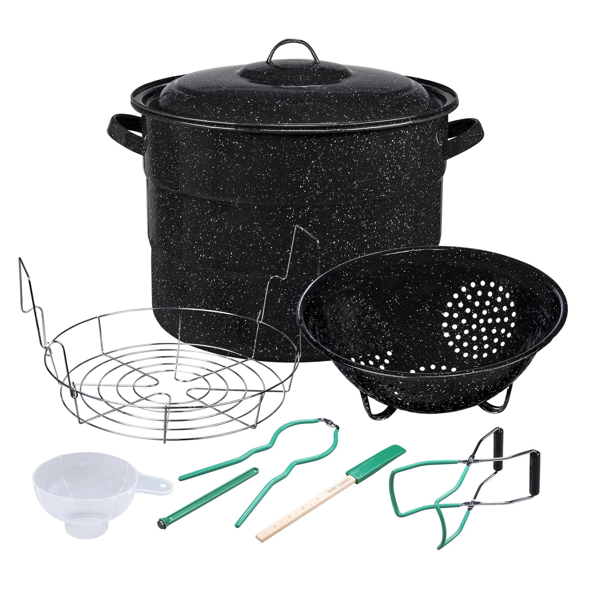 9 Piece Enameled Steel Water Bath Canning Pot Set with Toolset, Jar Rack and Colander Q9046