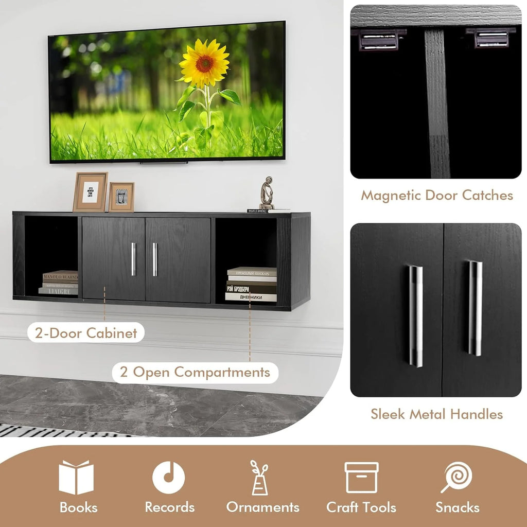 Black Wall Mounted Storage Cabinet with 2 Doors and 2 Open Shelves W491952