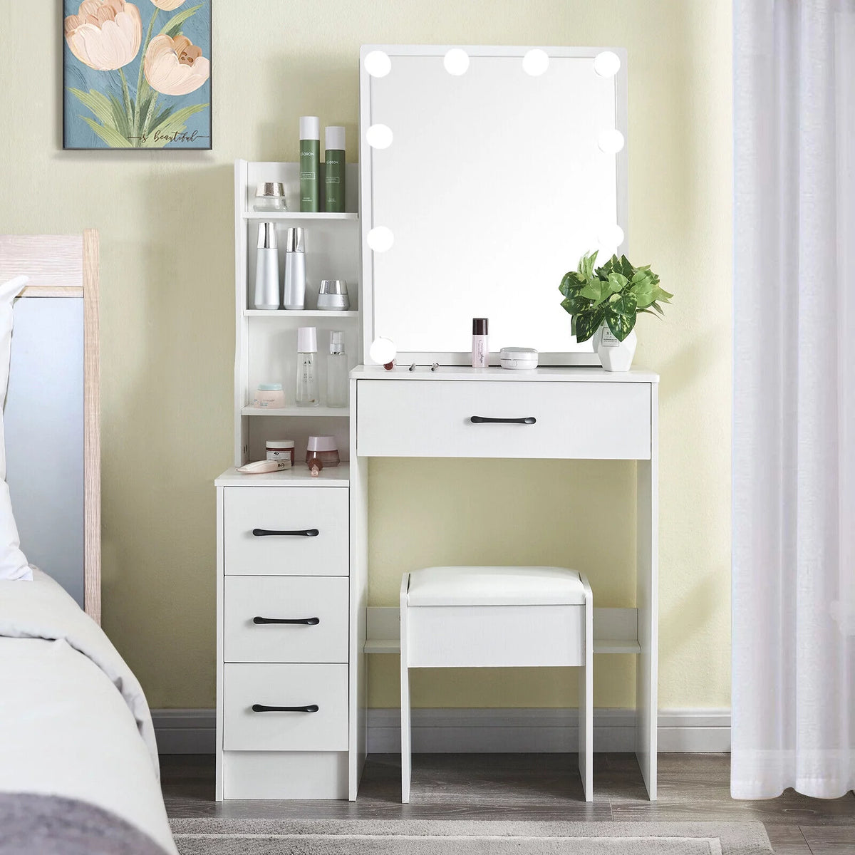 4 Drawer Makeup Vanity Desk with Stool Mirror and Light L39330