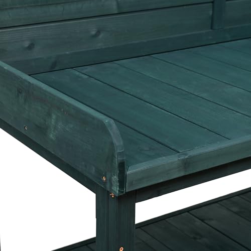 Green Wooden Potting Bench Table with Storage Shelves H14465