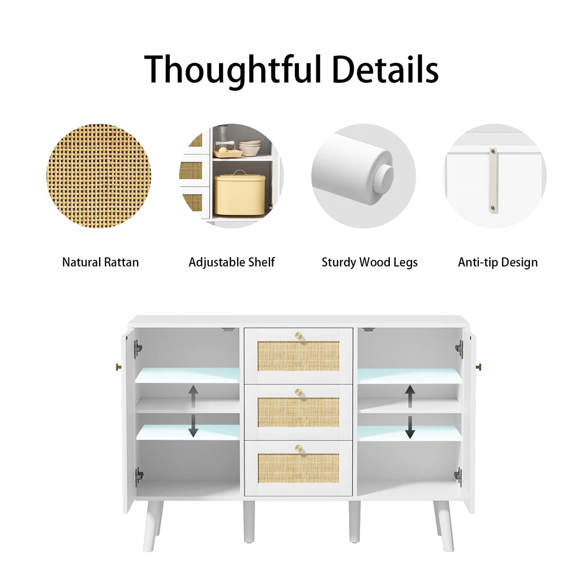 White Rattan Storage Cabinet with 2 Doors 3 Drawers F1500