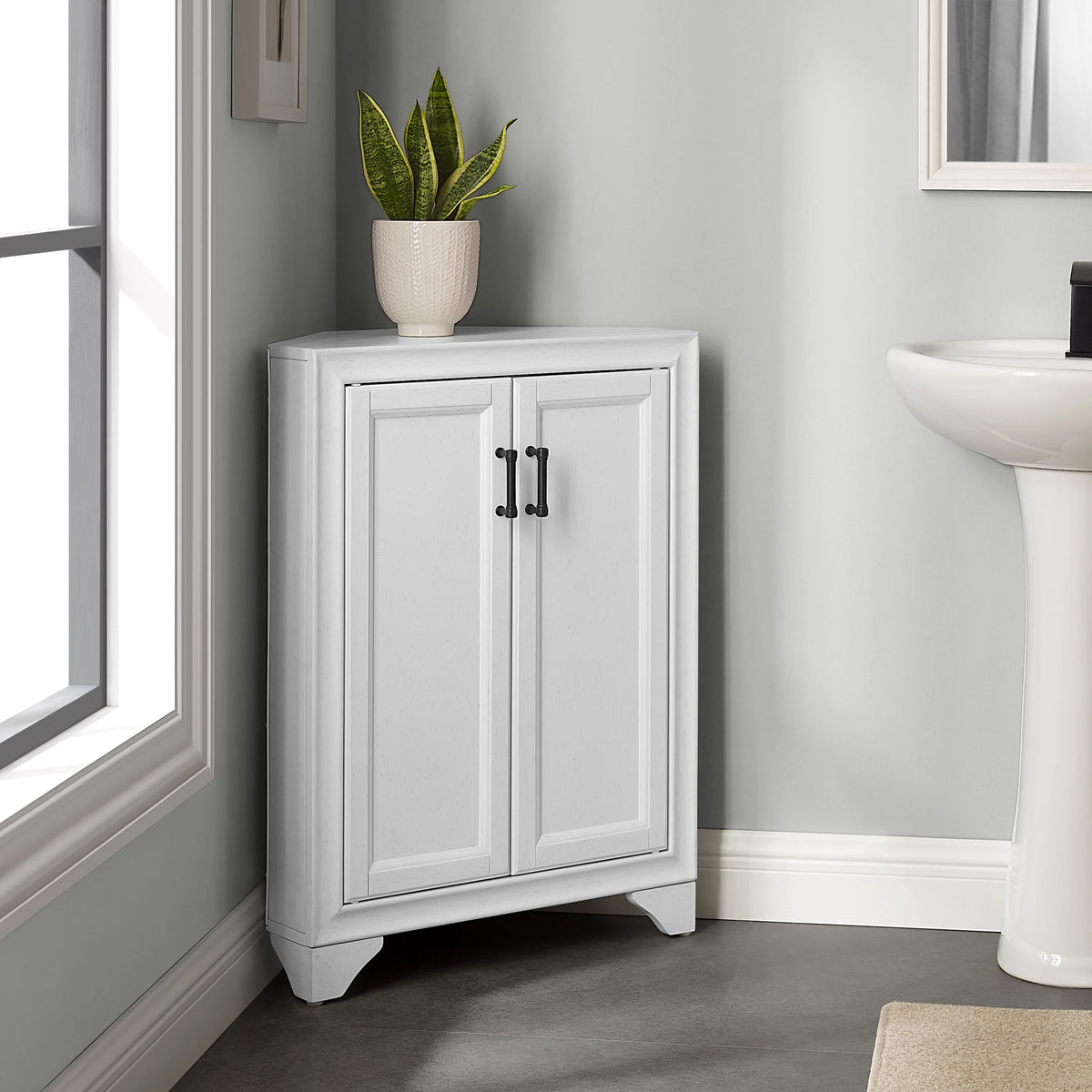 Distressed White Corner Storage Cabinet B14754