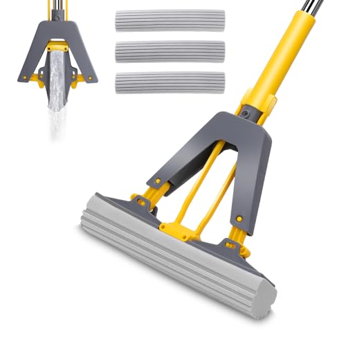 Self-Squeeze Sponge Mop with Stainless Steel Handle and 3 PVA Refills O444